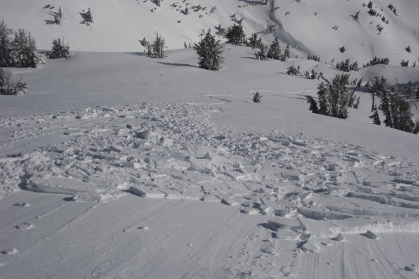 Rider triggered slab avalanche on February 1, 2016.  37 degrees, southeast face, elevation 8,700 feet, 8 inch crown.