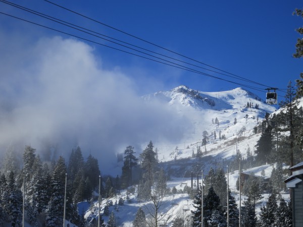 Snowmaking and low clouds over Squaw Valley last weekend.