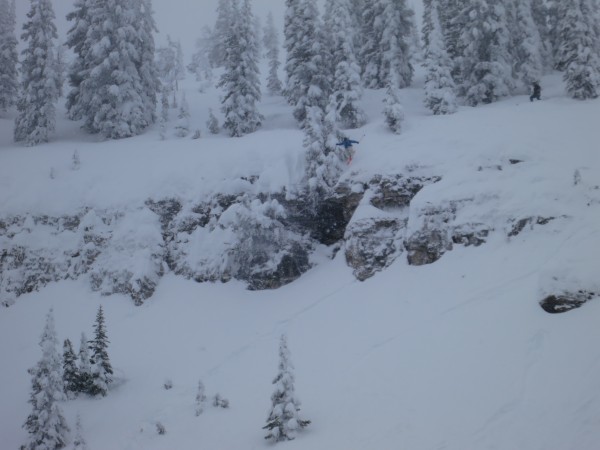 Hucking one of the steeper zones off the Sacajawea chair.