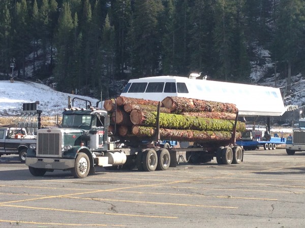 Lumber from the tree thinning project ready to be driven out of Squaw.