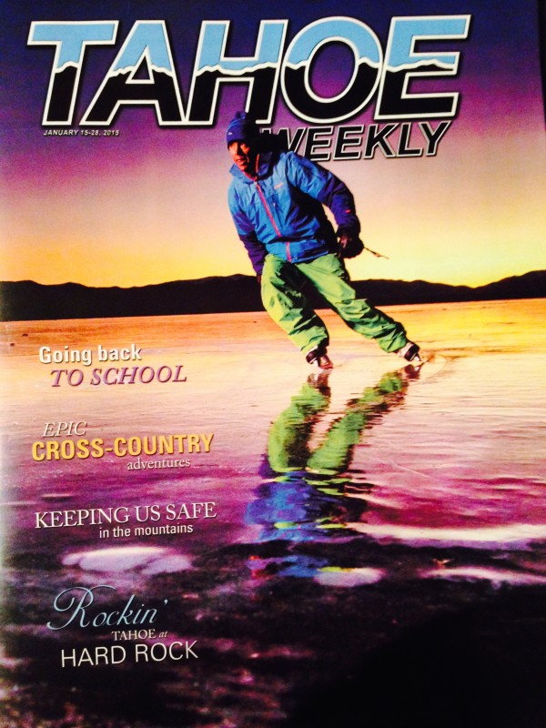 Tahoe Weekly cover photo of Robb Gaffney ice skating on Lake Tahoe.  Photo: Matt Bansak.