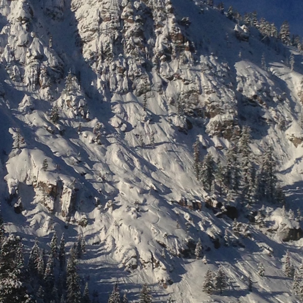 Ski tracks exiting Tram Chute at Squaw Valley.