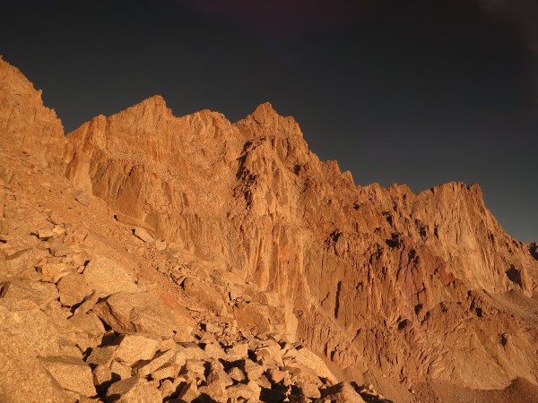 Mt. Whitney has the gradual ridge approach to the right, with Mt. Muir in the center.